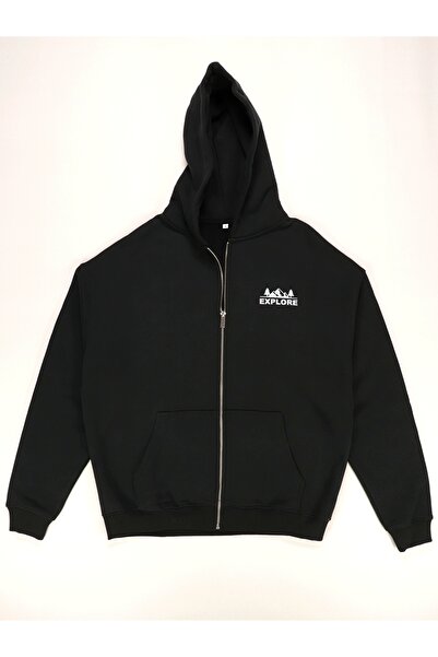Fermuarlı Sırt ve Ön Baskılı Kanguru Cepli Sweatshirt