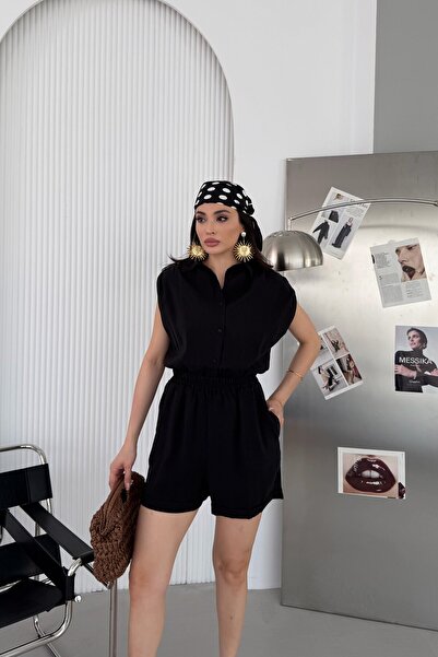 Serica Moda Siyah Beli Lastikli Gömlek Yaka Tencel Kumaş Şortlu Tulum