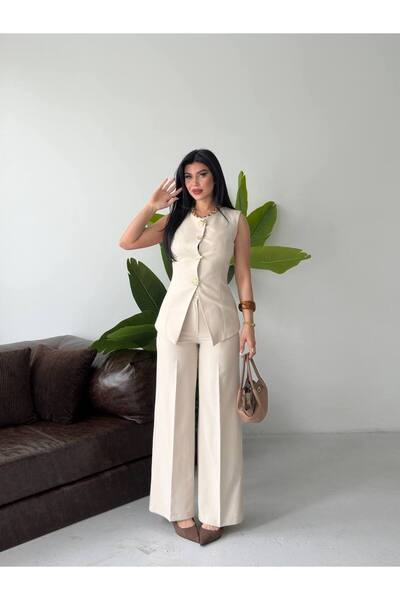 Bella Breeze Set de pantaloni și vestă cu nasturi pentru femei, set elegant d...