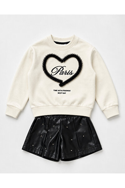 Kız Çocuk Paris Temalı Sweatshirt Deri Görünümlü ŞortEtek Takım