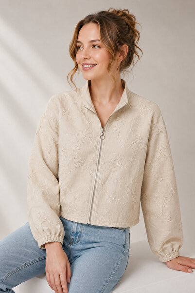 GLOW MUSE Fermuarlı Nakışlı Keten Görünümlü Ceket -Krem