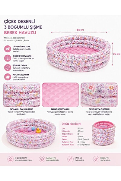 BYCEGU ÇİÇEK DESENLİ 3 BOĞUMLU ŞİŞME BEBEK HAVUZU 86 CM CAPINDA 25 CM DERİNLIK