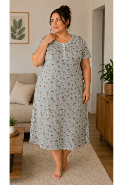 BALİS PİJAMA Women's Plus Size Floral and Speckled Patterned Buttoned Nightgo...
