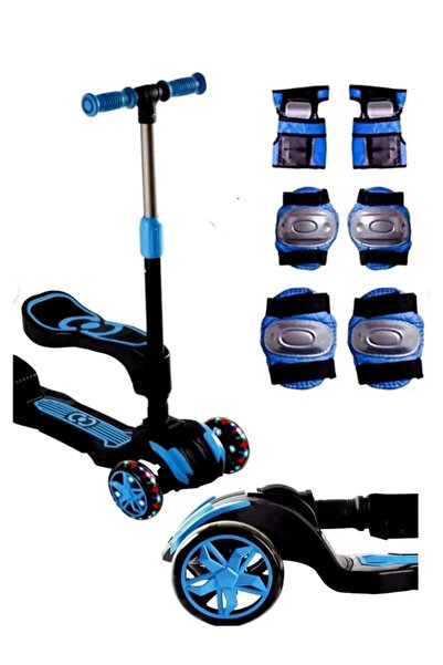 BYZ TOYS Mavi Oturaklı 3 Teker Lede Işıklı Scooter Katlanabilir Direksiyon Dı...