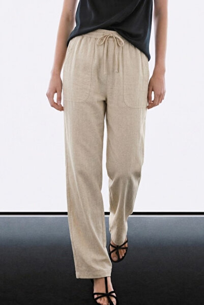 MATERIAL Women's Elastic Casual Loose Beige Linen Trousers