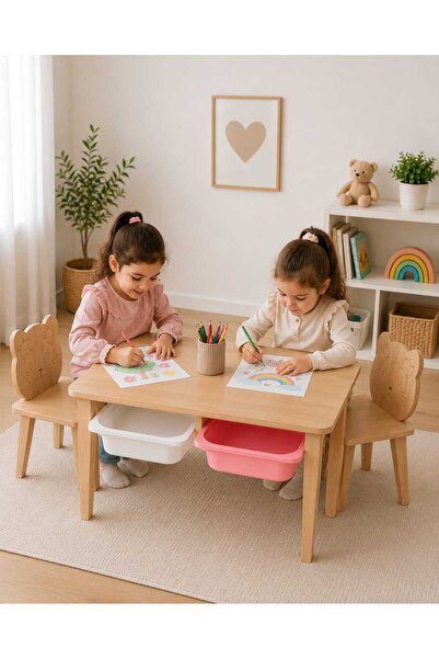 Asrimo mobilya ÇOCUK MASA SETİ AHŞAP YÜZEYLİ - ÇİFT HAZNELİ- ÇİFT HELLO KİTTY FİGÜR SANDALYELİ
