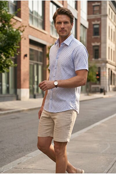 Louis Fabel Short-Sleeved Men's Shirt with Micro Floral and Bow Pattern on a ...