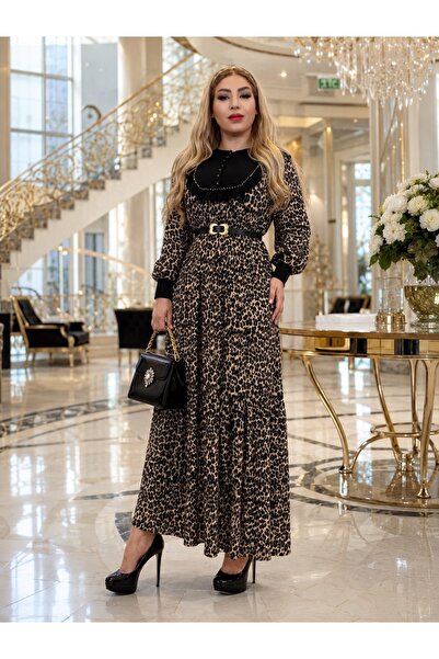 Yeşilmoda فستان ماكسي نسائي بتصميم الفهد مع حزام وتفاصيل أنيقة