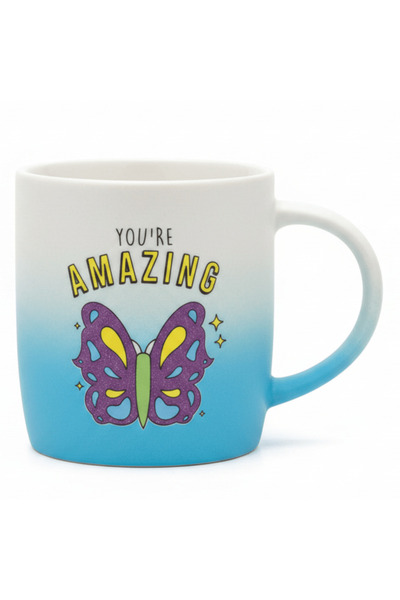 AKDC You're Amazing Blue & White Ombre Ceramic Mug with Butterfly Design — 35...