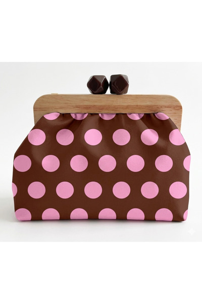 handedizayn Kahve Pembe Puantiyeli Ahşap Burslu Zincir Askılı Clutch Omuz Çan...