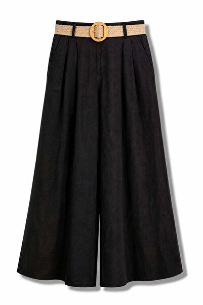 5in1Canpolat Black Belted Wide Leg Linen Trousers 39916