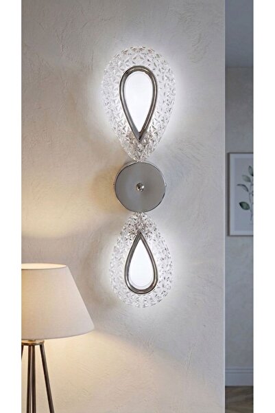 Lüxev Lighting Yağmur Model İkili Gümüş 3 Renk Modu Kristal Taşlı Salon Mutfa...