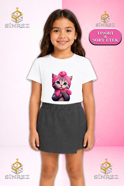 SİNREZ Set pentru fete SEKER KEDI YARIM PEMBE KRDL Tricou cu mânecă scurtă im...