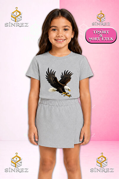 SİNREZ Girl's Set Eagle Colorful Attack Printed Short Sleeve T-Shirt Shorts S...