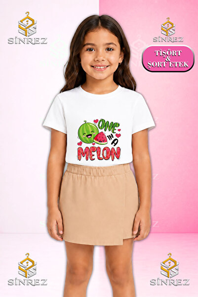 SİNREZ طقم بناتي KARPUZ ONE MELON YAZILI مطبوع بأكمام قصيرة وتي شيرت وتنورة ق...