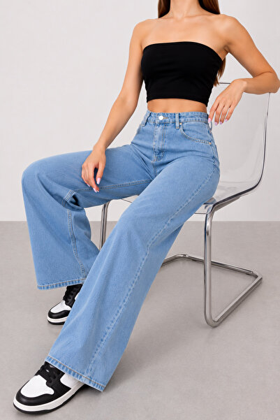 Lighter Jeans بنطلون نسائي واسع الساق من الليكرا باللون الأزرق الفاتح، بخصر ع...