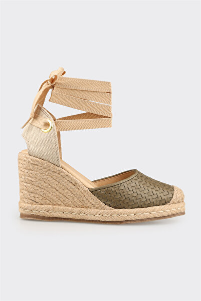 Elle Shoes Haki Deri Kadın Dolgu Topuk Espadril