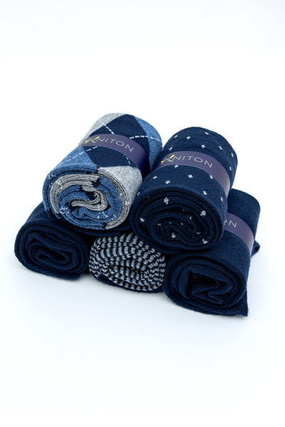 KNITON Dikişsiz Bambu Çorap Jakarlı Lacivert Renk Desenli Erkek Çorap Kutulu 5 Çift Premium Uzun Soket Mix Çorap Bambu