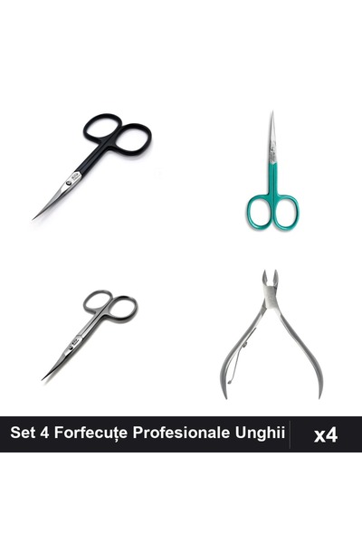 One Group Set 4 Forfecuțe Profesionale Unghii, Clești Cuticule, Negru Turcoaz...