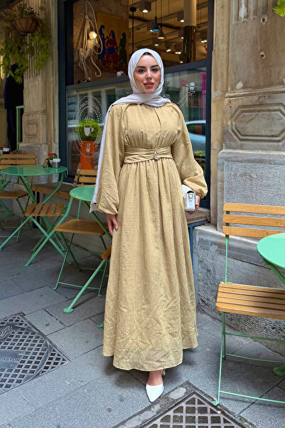 LOCCO Kadın Beli Lastikli Kuşak Detay Elbise Yağ Yeşil