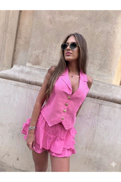 OEM Compleu dama din in cu vesta eleganta si pantaloni scurti cu volane