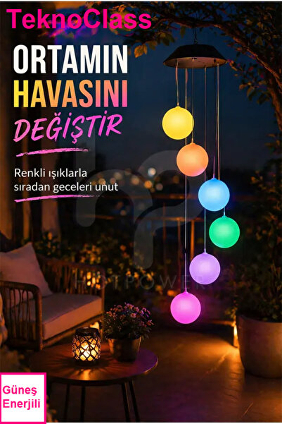 TeknoClass Solar RGB Asma Lamba 6 Top LED Güneş Enerjili Balkon Bahçe Dekorat...