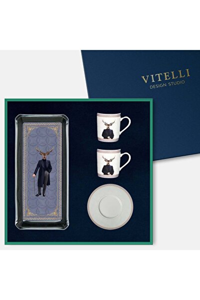 VİTELLİ Deer Gentleman 5 Parça 2 Kişilik Türk Kahve Fincanı & Cam Tabak Sunum...