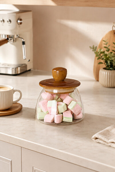 welcomein 500 ml Akasya Kapaklı Cam Kavanoz Marshmallow Şeker Çay Baharat Sak...
