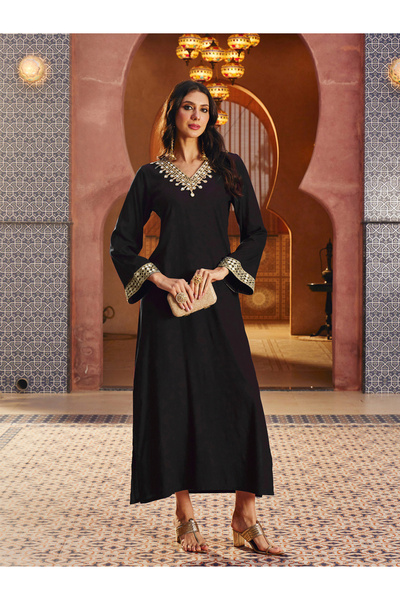 Sassafras By Styli Black Rayon Mirror-Work Abaya Dress