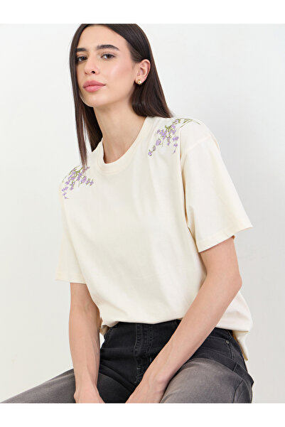 Styli Cream Oversized Shoulder Embroidered 100% Cotton T-Shirt