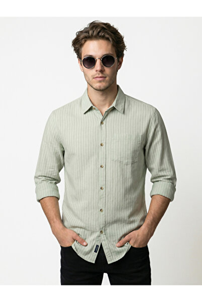 SNX By Styli Men Sage Green Striped Spread Collar Shirt