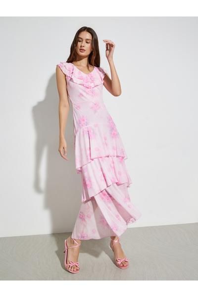 Styli Pink Floral Print Layered Maxi Dress