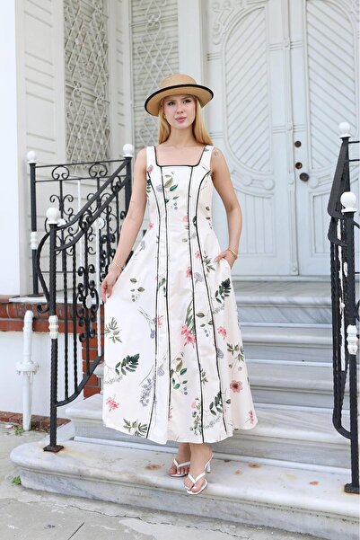 ZEYWEAR Şerit Detaylı Çiçek Desenli Poplin Kumaş Kremrengi Elbise