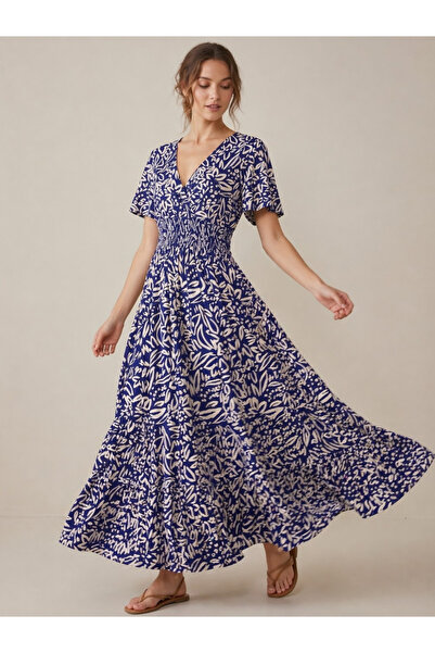 Victor and Jane By Styli Navy Blue All Over Print V Neck Maxi Dress