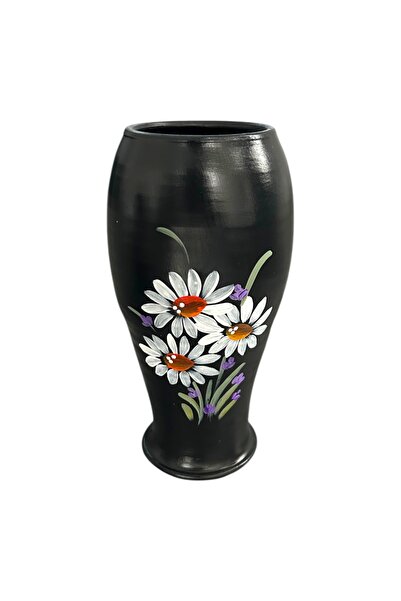 Ceramica Martinescu Hand-painted black ceramic vase with a bouquet of flowers...