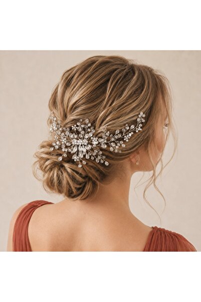 Raizel Accesoriu par mireasa argintiu, stil pieptene, cu pietre si margele, L...