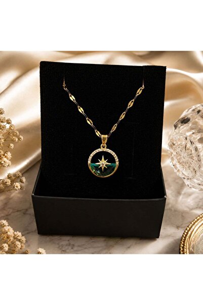 Bk Gift Women's Necklace with Polar Star Detail and Green Stone - Non-Tarnish...