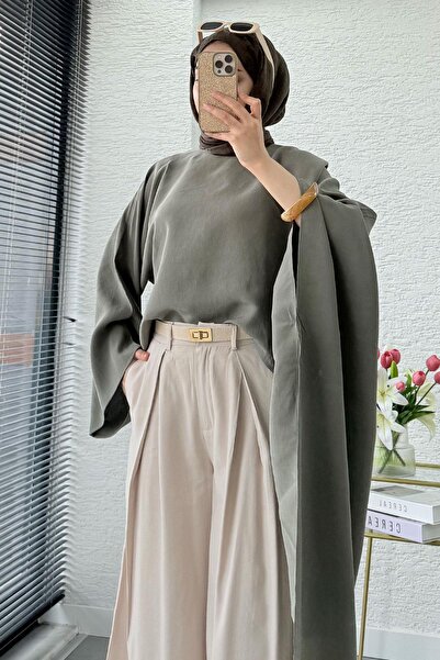 MELEK ARAZ Premium Asymmetrical Bat Sleeve Modal Blouse – Khaki