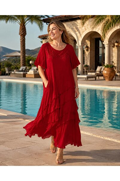 Punta Otantik Vl3055 Collar Lace Skirt Layered Voile Dress Red