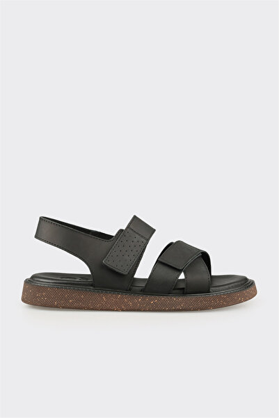 Elle Shoes Siyah Deri Erkek Sandalet