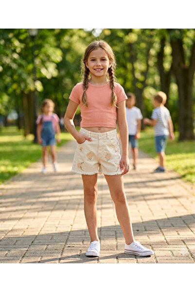 Escabel Çiçek Nakışlı Mini Gabardin Şort