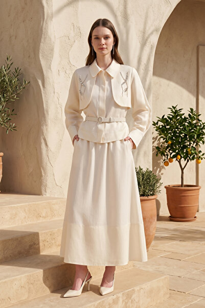 Nuss Belt Detailed Skirt Suit 1044 Ecru