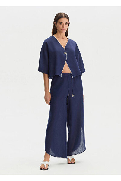 Knitss Navy Blue Slit Detailed Linen Trousers