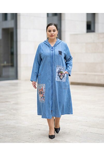 DARKWIN Plus Size Hooded Zipper Denim Look Printed Relaxed Cut Dress