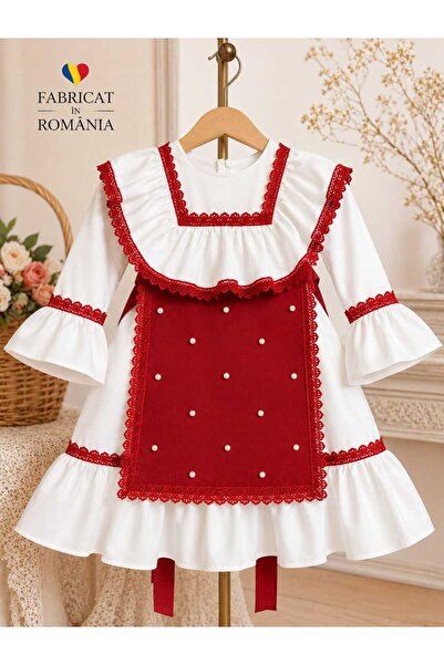 OEM Traditional White Dress, Handmade, Apron with Lace and Pearls,