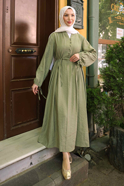 İmajButik Khaki Buttoned Dress with Waist Tie