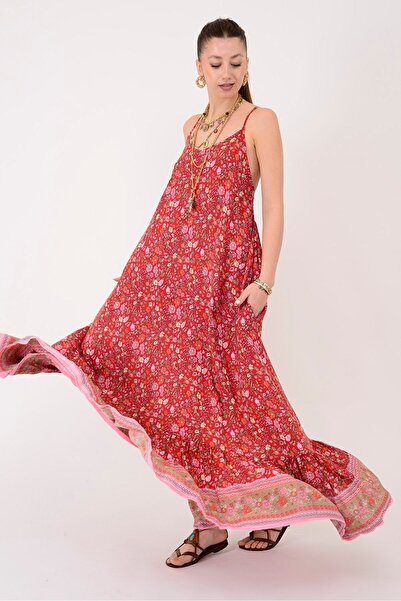 Hazinedan Women's Authentic Pattern Strappy Dress with Flutted Skirt