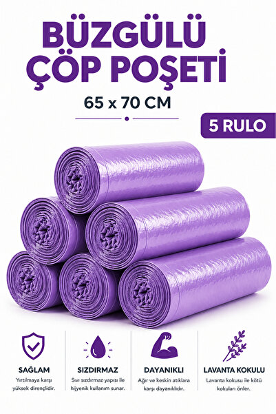 MSE HOLD Büzgülü Çöp Poşeti Lavanta Kokulu 65×70 cm Büyük Boy 5 Rulo Dayanıkl...