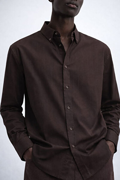 Bossago Pinstripe Oversize Men's Brown Linen Shirt