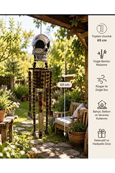 WoodBay El Yapımı İskelet Figürlü Rüzgar Çanı Bambu Dekoratif Bahçe Balkon Sü...